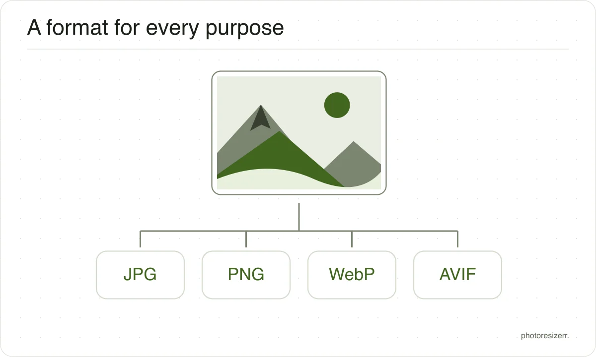 An image connects to JPG, PNG, WebP and AVIF file tiles.