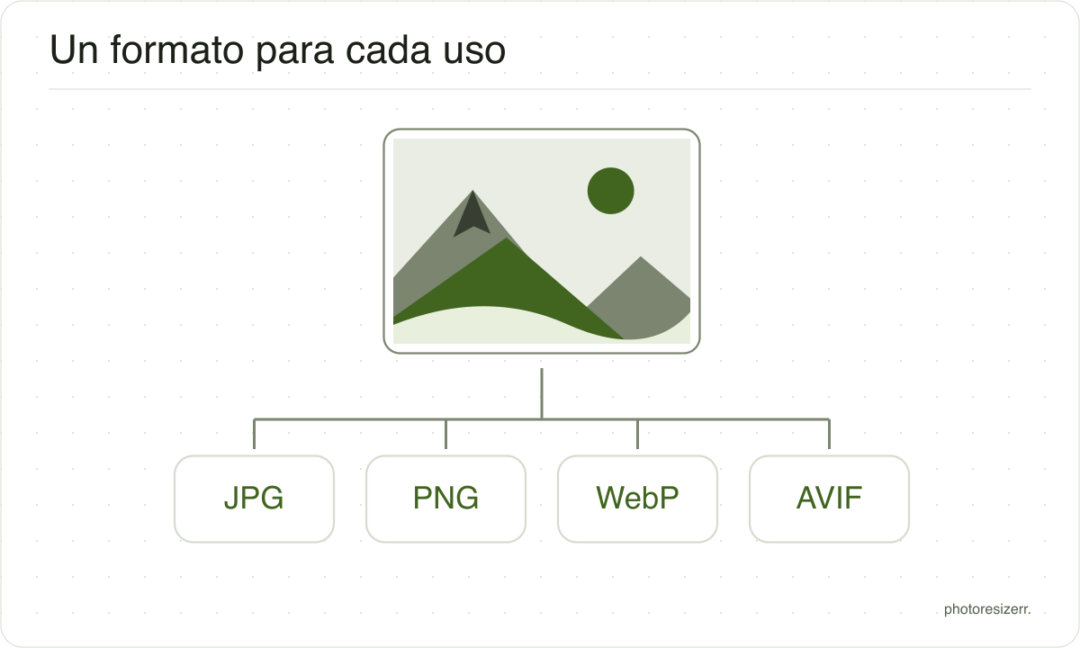 Una imagen conectada a cuatro archivos: JPG, PNG, WebP y AVIF.