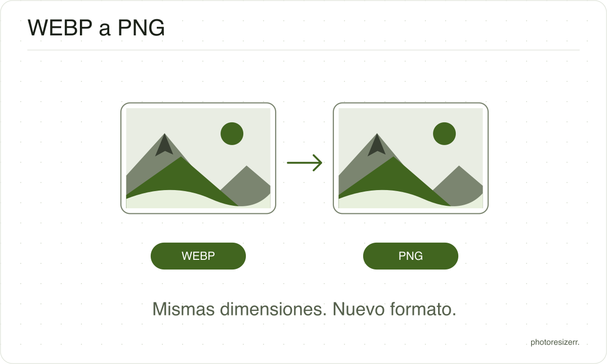 Un archivo de imagen WEBP se convierte en un archivo PNG y conserva sus dimensiones en píxeles.