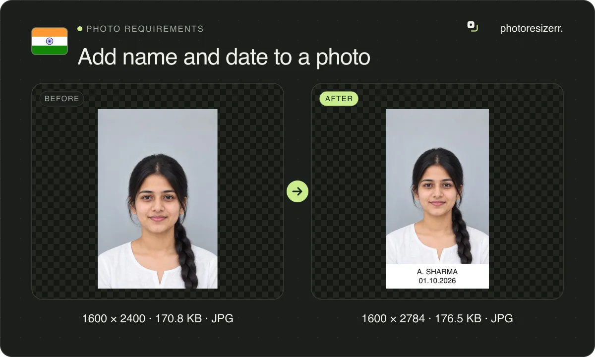 Add name and date to a photo, before and after: a portrait of a young woman with a plait (1600 × 2400, 170.8 KB JPG), and the same photo with a name and date band added, now 1600 × 2784, 176.5 KB JPG.