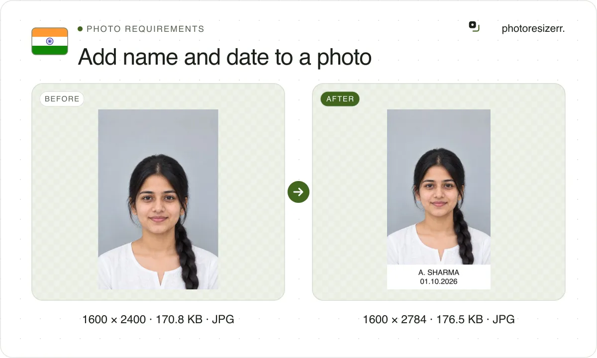 Add name and date to a photo, before and after: a portrait of a young woman with a plait (1600 × 2400, 170.8 KB JPG), and the same photo with a name and date band added, now 1600 × 2784, 176.5 KB JPG.