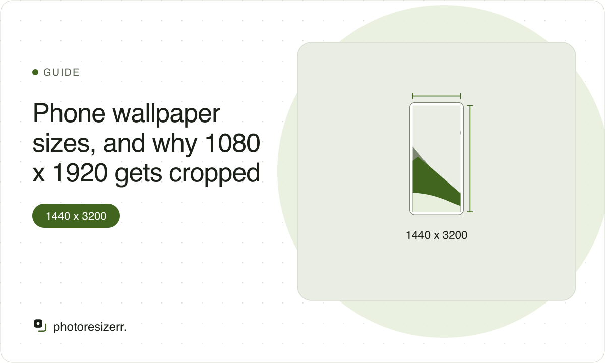 Featured illustration for Phone wallpaper sizes, and why 1080 x 1920 gets cropped, marked 1440 x 3200.