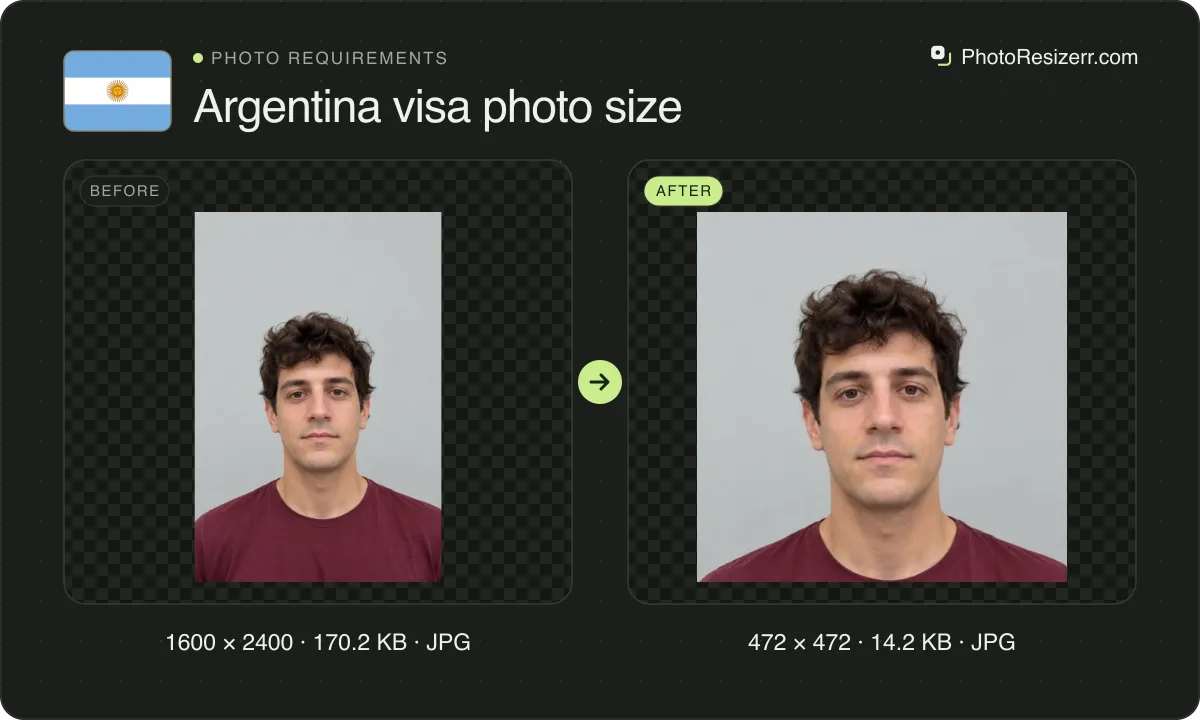 Argentina visa photo size, before and after: a portrait of a young man with wavy dark brown hair in a maroon T-shirt (1600 × 2400, 170.2 KB JPG), and the same photo resized to 472 × 472 pixels, now 472 × 472, 14.2 KB JPG.