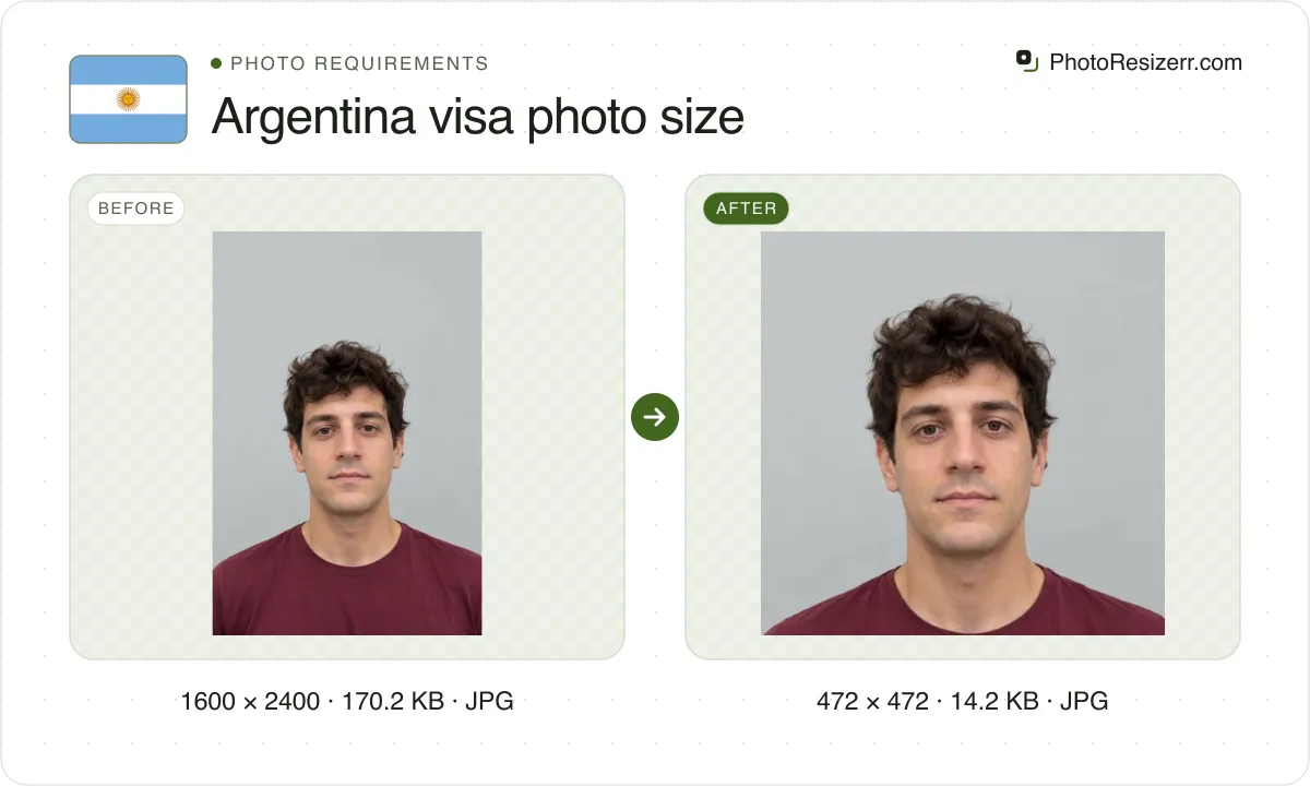 Argentina visa photo size, before and after: a portrait of a young man with wavy dark brown hair in a maroon T-shirt (1600 × 2400, 170.2 KB JPG), and the same photo resized to 472 × 472 pixels, now 472 × 472, 14.2 KB JPG.