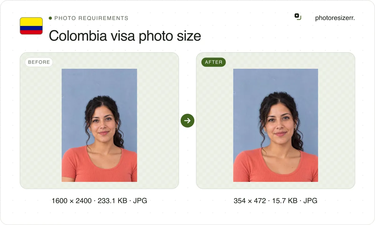 Colombia visa photo size, before and after: a portrait of a woman in a coral top (1600 × 2400, 233.1 KB JPG), and the same photo resized to 354 × 472 pixels, now 354 × 472, 15.7 KB JPG.