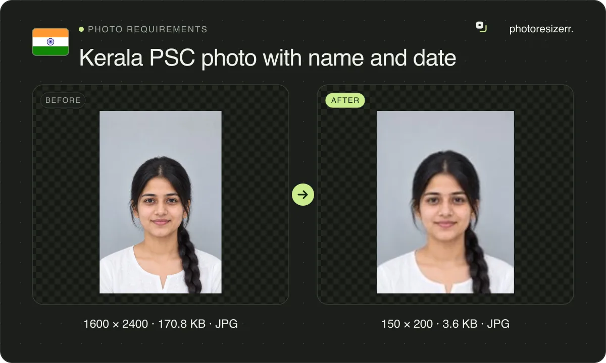 Kerala PSC photo with name and date, before and after: a portrait of a young woman with a plait (1600 × 2400, 170.8 KB JPG), and the same photo resized to 150 × 200 pixels, now 150 × 200, 3.6 KB JPG.