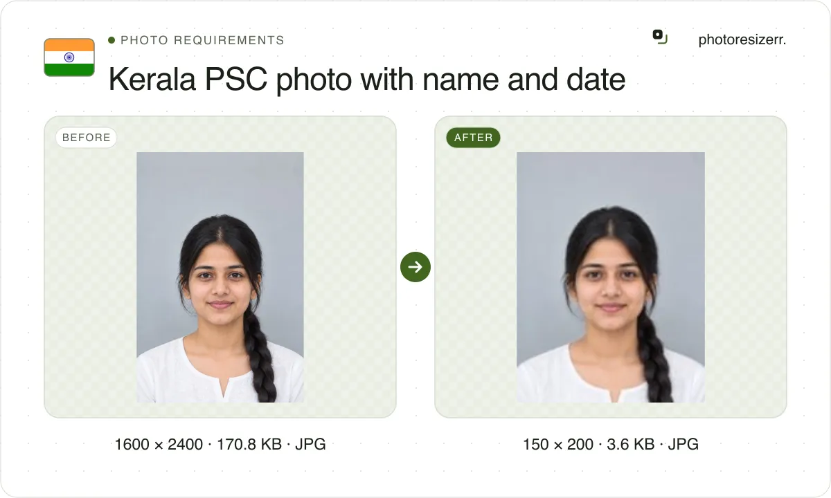 Kerala PSC photo with name and date, before and after: a portrait of a young woman with a plait (1600 × 2400, 170.8 KB JPG), and the same photo resized to 150 × 200 pixels, now 150 × 200, 3.6 KB JPG.