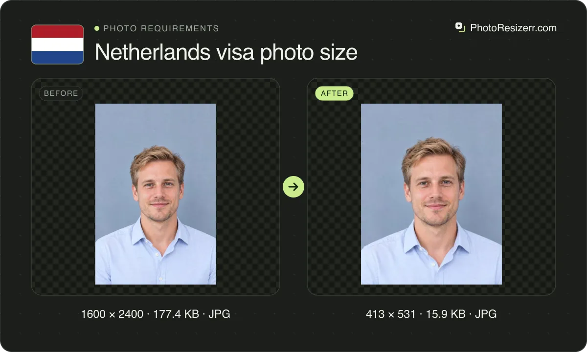 Netherlands visa photo size, before and after: a portrait of a man with blond hair in a light blue shirt (1600 × 2400, 177.4 KB JPG), and the same photo resized to 413 × 531 pixels, now 413 × 531, 15.9 KB JPG.