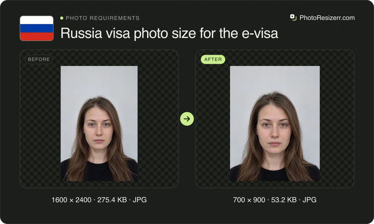 Russia visa photo size for the e-visa, before and after: a portrait of a woman with long brown hair in a black sweater (1600 × 2400, 275.4 KB JPG), and the same photo resized to 700 × 900 pixels, now 700 × 900, 53.2 KB JPG.
