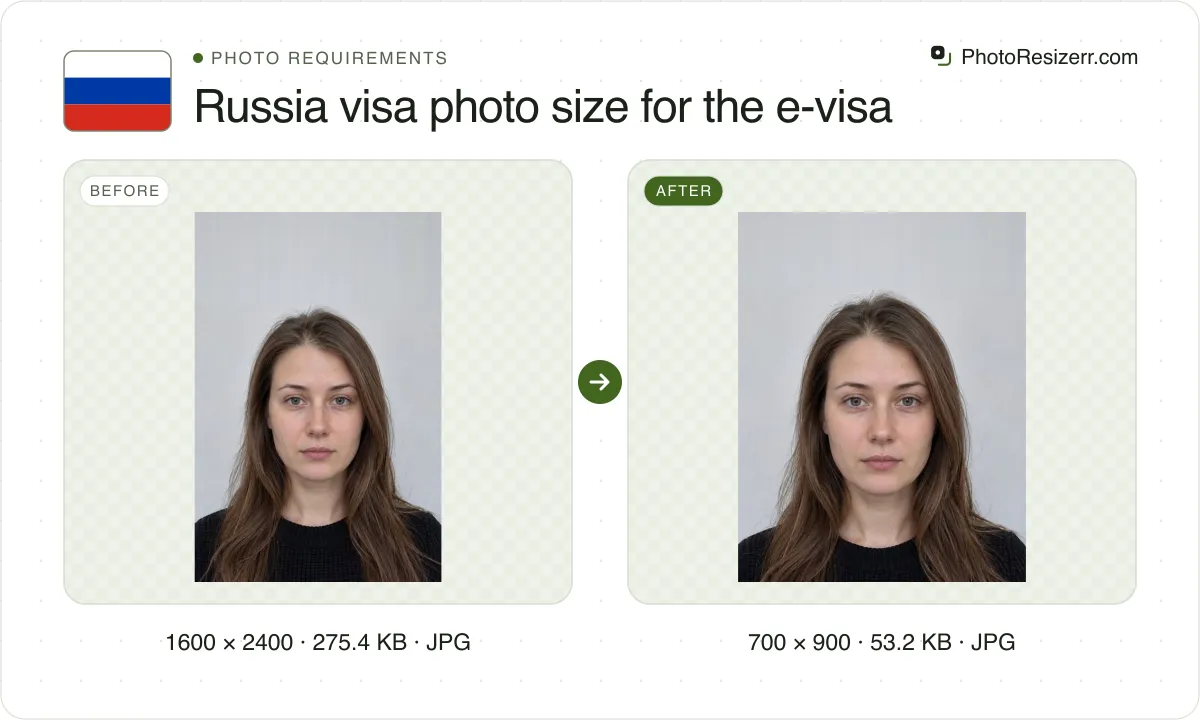 Russia visa photo size for the e-visa, before and after: a portrait of a woman with long brown hair in a black sweater (1600 × 2400, 275.4 KB JPG), and the same photo resized to 700 × 900 pixels, now 700 × 900, 53.2 KB JPG.