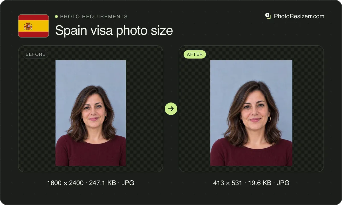 Spain visa photo size, before and after: a portrait of a woman in a burgundy top (1600 × 2400, 247.1 KB JPG), and the same photo resized to 413 × 531 pixels, now 413 × 531, 19.6 KB JPG.