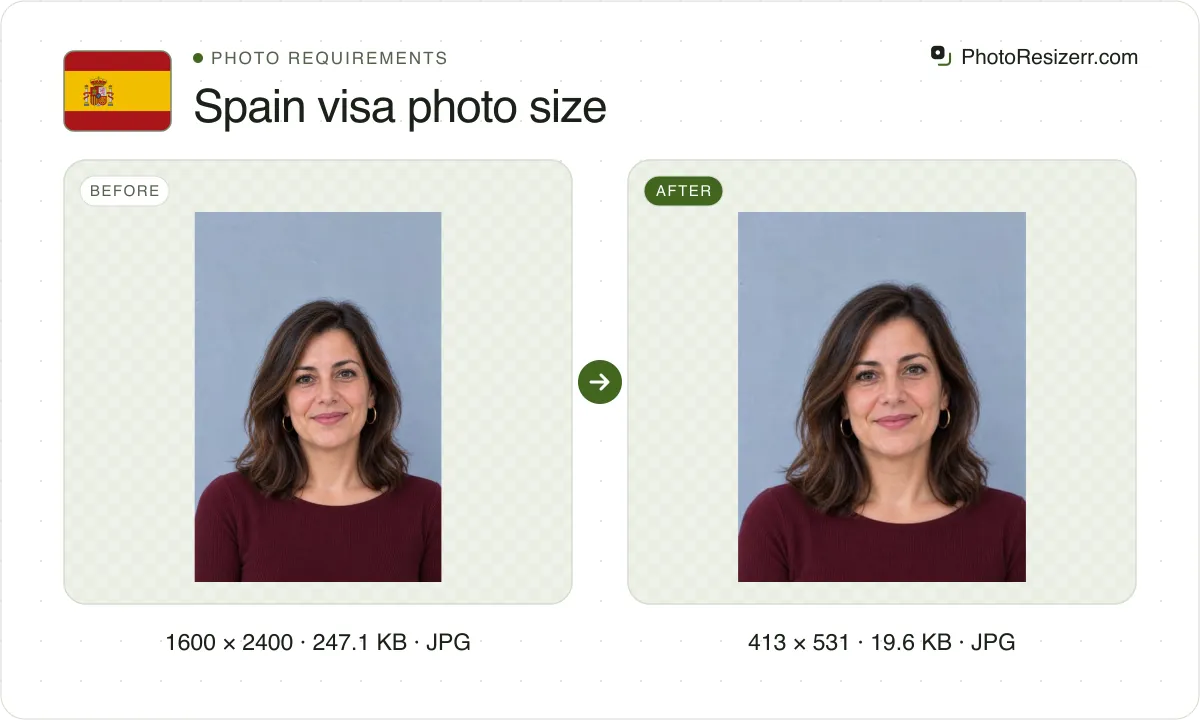 Spain visa photo size, before and after: a portrait of a woman in a burgundy top (1600 × 2400, 247.1 KB JPG), and the same photo resized to 413 × 531 pixels, now 413 × 531, 19.6 KB JPG.