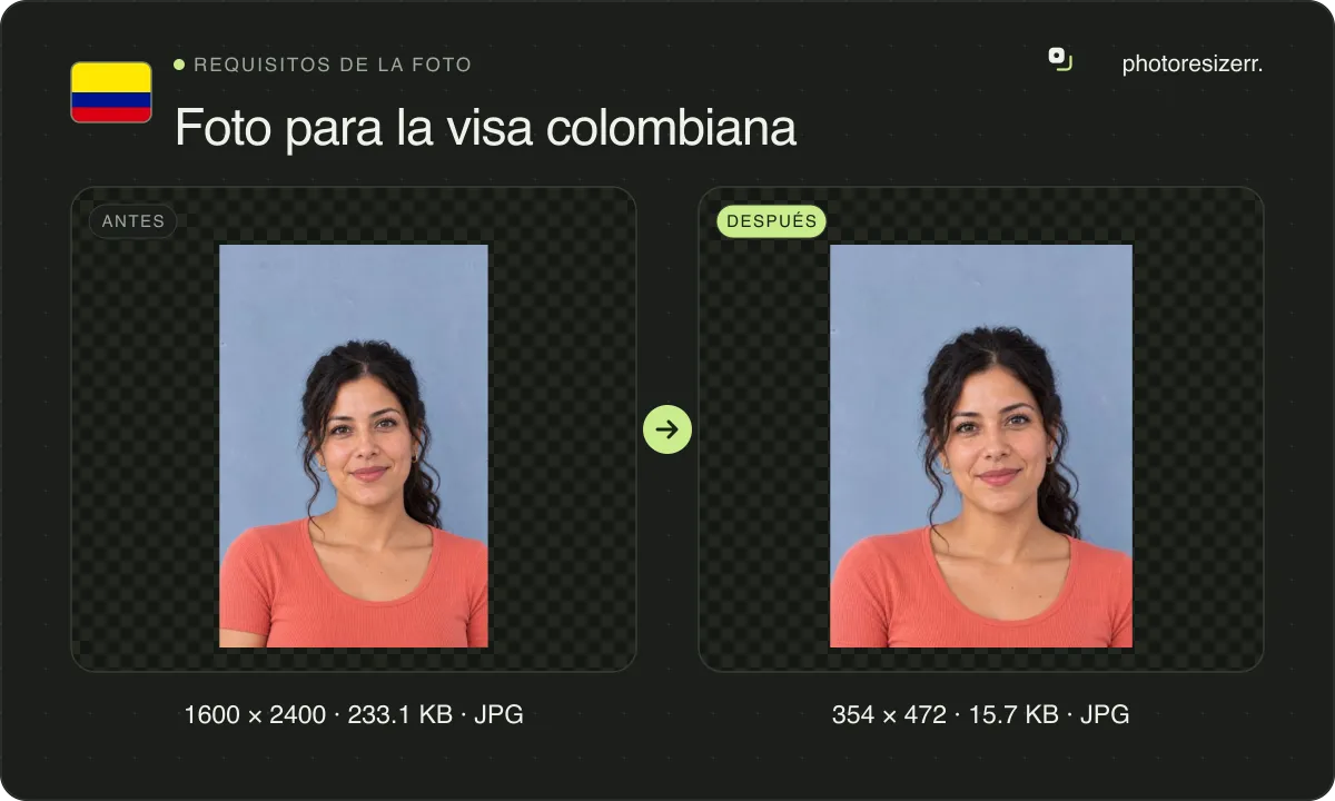 Foto para la visa colombiana, antes y después: un retrato de una mujer con camiseta coral (1600 × 2400, 233.1 KB JPG) y la misma foto redimensionada a 354 × 472 píxeles, ahora 354 × 472, 15.7 KB JPG.