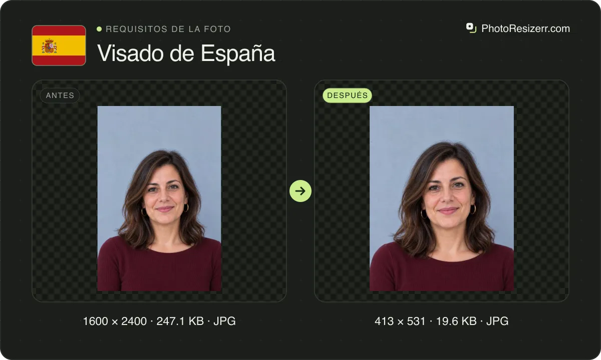 Visado de España, antes y después: un retrato de una mujer con camiseta burdeos (1600 × 2400, 247.1 KB JPG) y la misma foto redimensionada a 413 × 531 píxeles, ahora 413 × 531, 19.6 KB JPG.
