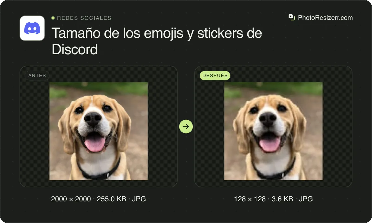 Tamaño de los emojis y stickers de Discord, antes y después: una foto de un beagle sonriente (2000 × 2000, 255.0 KB JPG) y la misma foto redimensionada a 128 × 128 píxeles, ahora 128 × 128, 3.6 KB JPG.