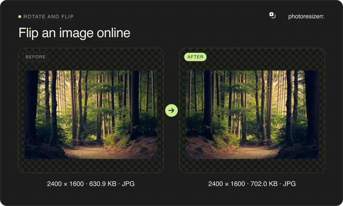 Flip an image online, before and after: a photo of a path through a pine forest (2400 × 1600, 630.9 KB JPG), and the same photo flipped left to right, now 2400 × 1600, 702.0 KB JPG.