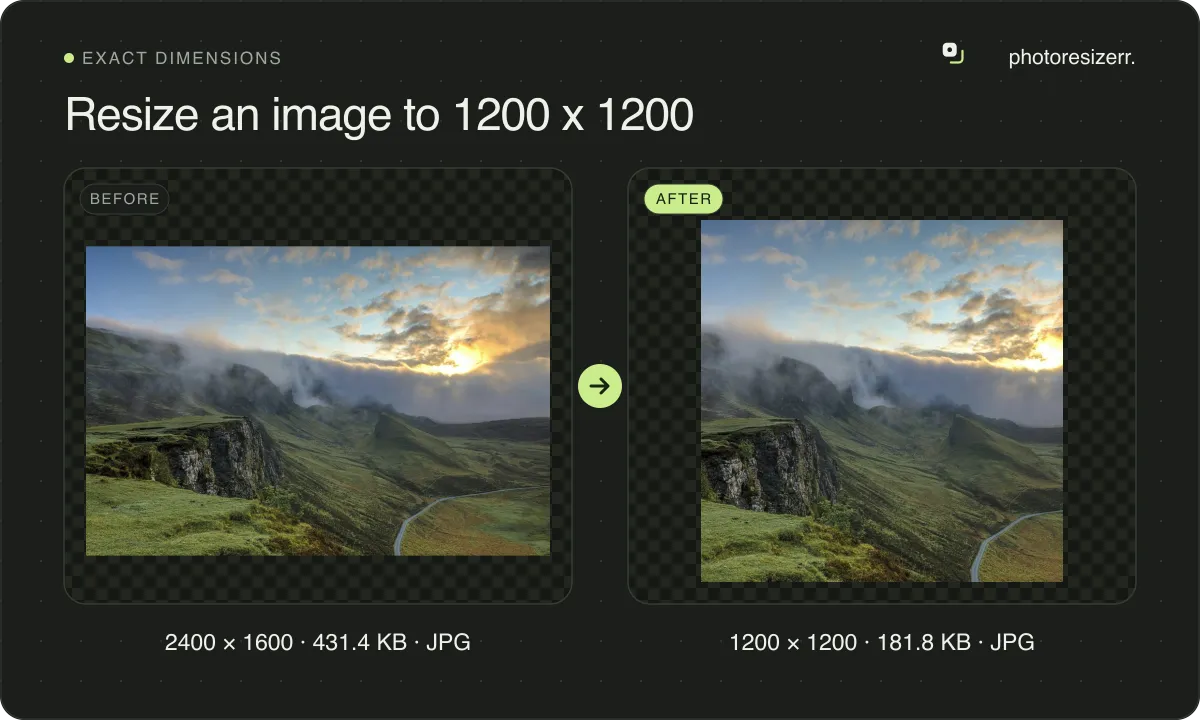 Resize an image to 1200 x 1200, before and after: a photo of green hills under a cloudy sunrise (2400 × 1600, 431.4 KB JPG), and the same photo resized to 1200 × 1200 pixels, now 1200 × 1200, 181.8 KB JPG.