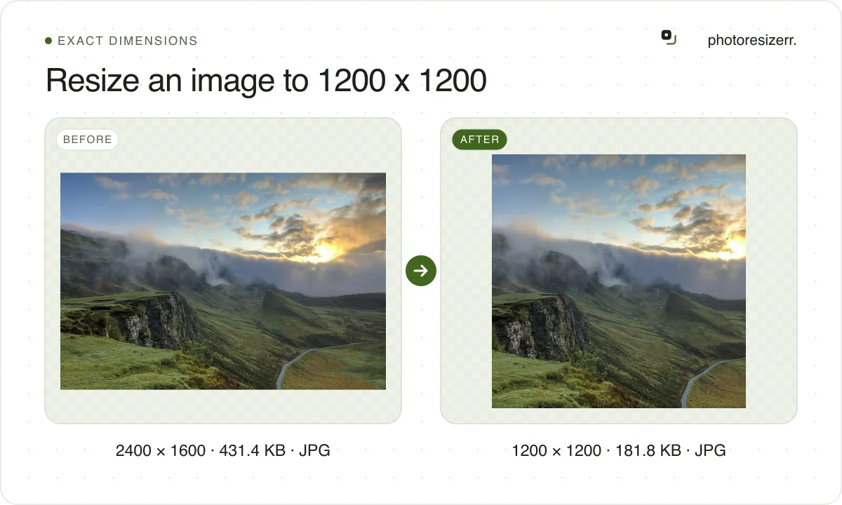 Resize an image to 1200 x 1200, before and after: a photo of green hills under a cloudy sunrise (2400 × 1600, 431.4 KB JPG), and the same photo resized to 1200 × 1200 pixels, now 1200 × 1200, 181.8 KB JPG.