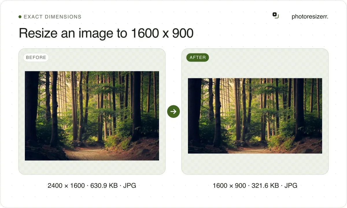 Resize an image to 1600 x 900, before and after: a photo of a path through a pine forest (2400 × 1600, 630.9 KB JPG), and the same photo resized to 1600 × 900 pixels, now 1600 × 900, 321.6 KB JPG.
