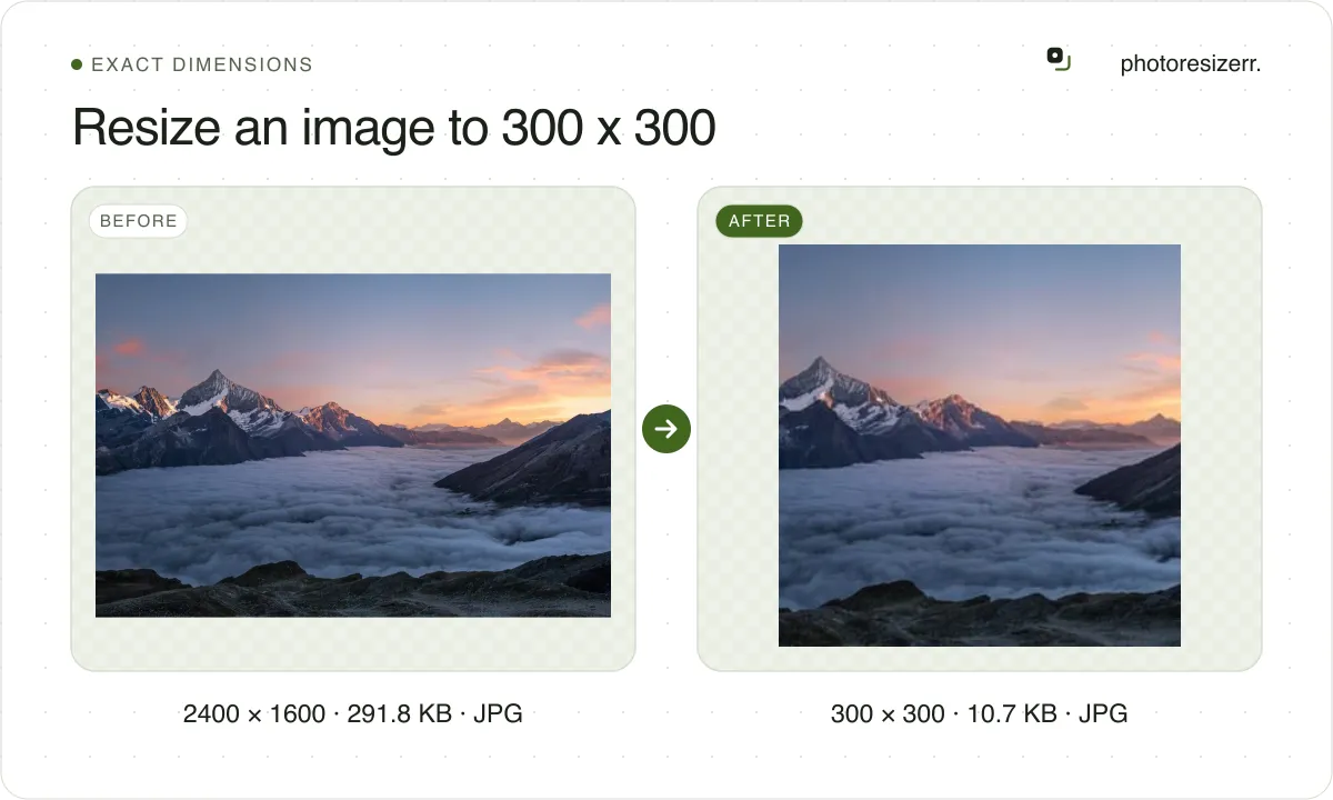 Resize an image to 300 x 300, before and after: a photo of snowy peaks above the clouds at sunset (2400 × 1600, 291.8 KB JPG), and the same photo resized to 300 × 300 pixels, now 300 × 300, 10.7 KB JPG.
