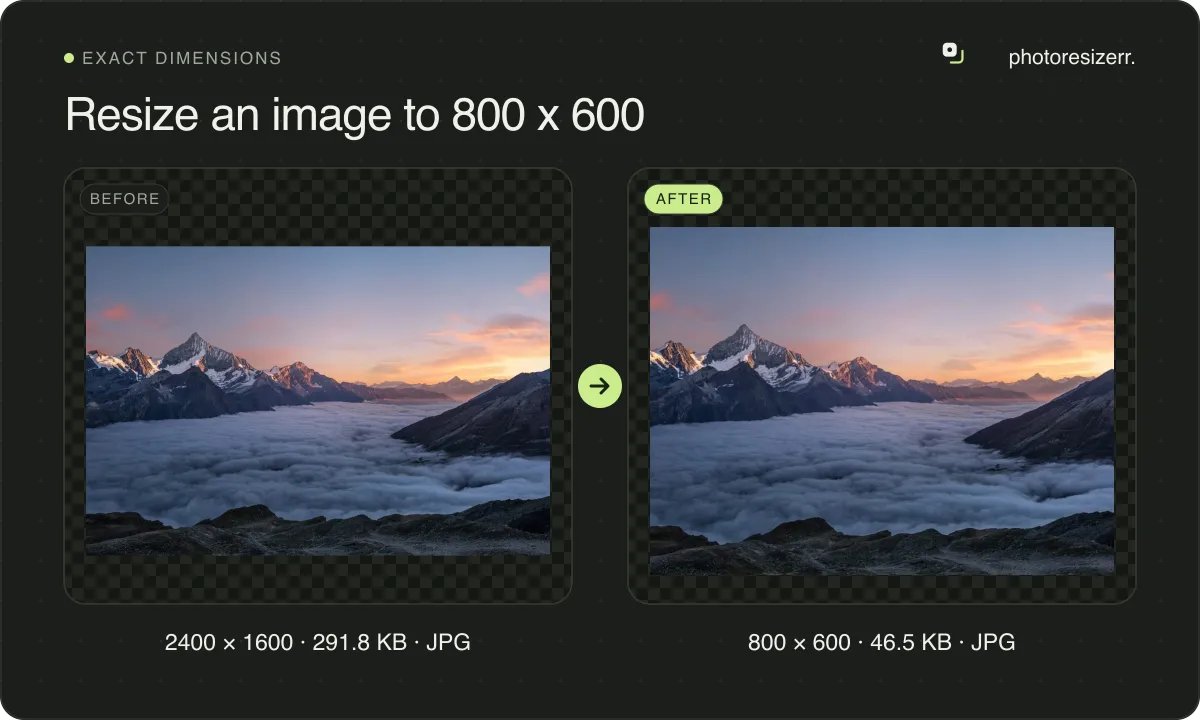 Resize an image to 800 x 600, before and after: a photo of snowy peaks above the clouds at sunset (2400 × 1600, 291.8 KB JPG), and the same photo resized to 800 × 600 pixels, now 800 × 600, 46.5 KB JPG.