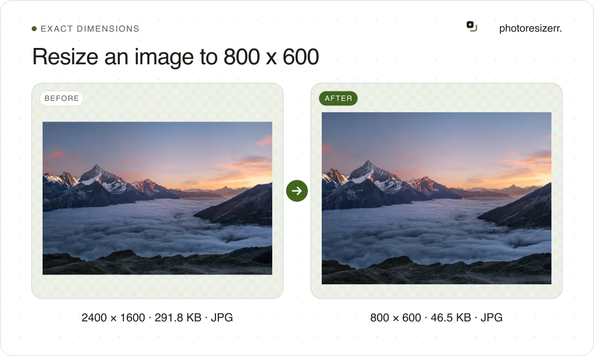 Resize an image to 800 x 600, before and after: a photo of snowy peaks above the clouds at sunset (2400 × 1600, 291.8 KB JPG), and the same photo resized to 800 × 600 pixels, now 800 × 600, 46.5 KB JPG.