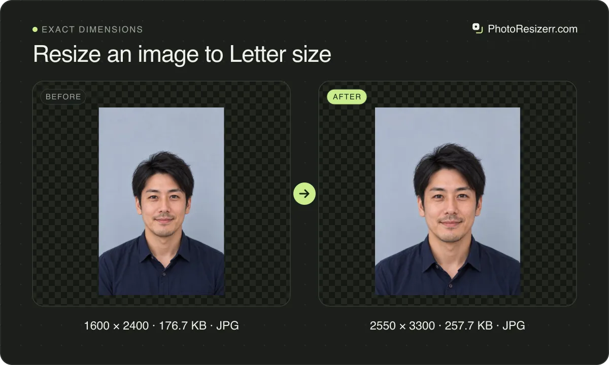 Resize an image to Letter size, before and after: a portrait of a man in a navy shirt (1600 × 2400, 176.7 KB JPG), and the same photo resized to 2550 × 3300 pixels, now 2550 × 3300, 257.7 KB JPG.