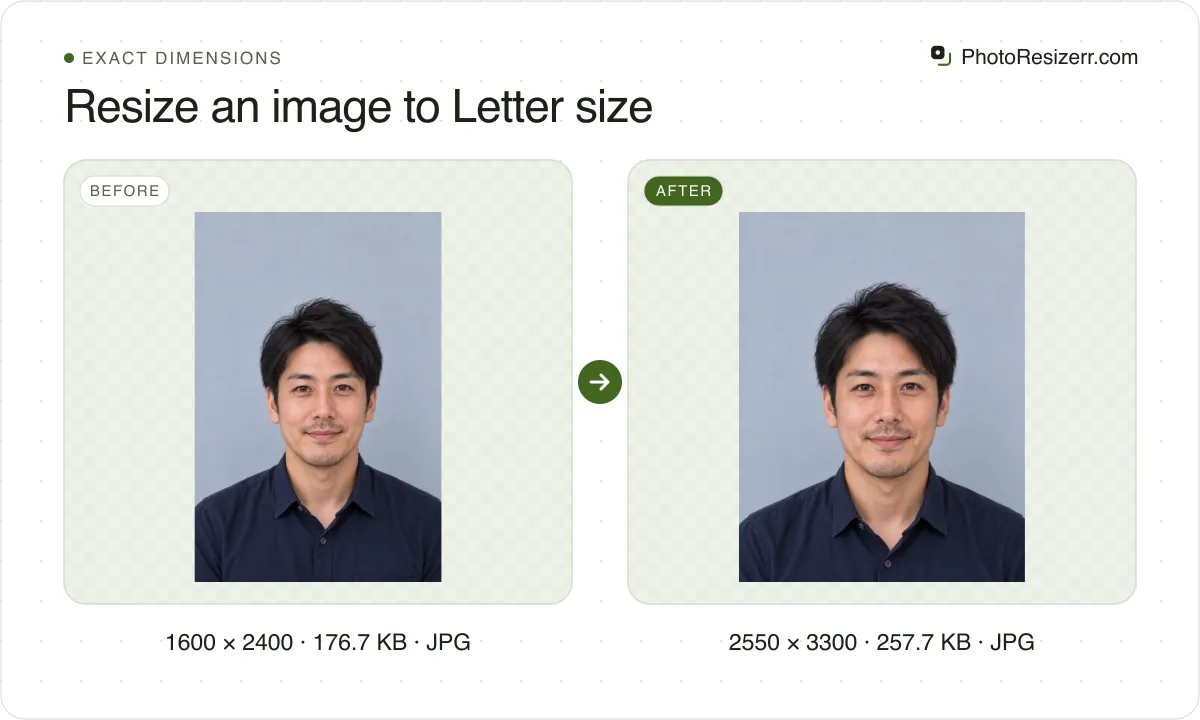 Resize an image to Letter size, before and after: a portrait of a man in a navy shirt (1600 × 2400, 176.7 KB JPG), and the same photo resized to 2550 × 3300 pixels, now 2550 × 3300, 257.7 KB JPG.