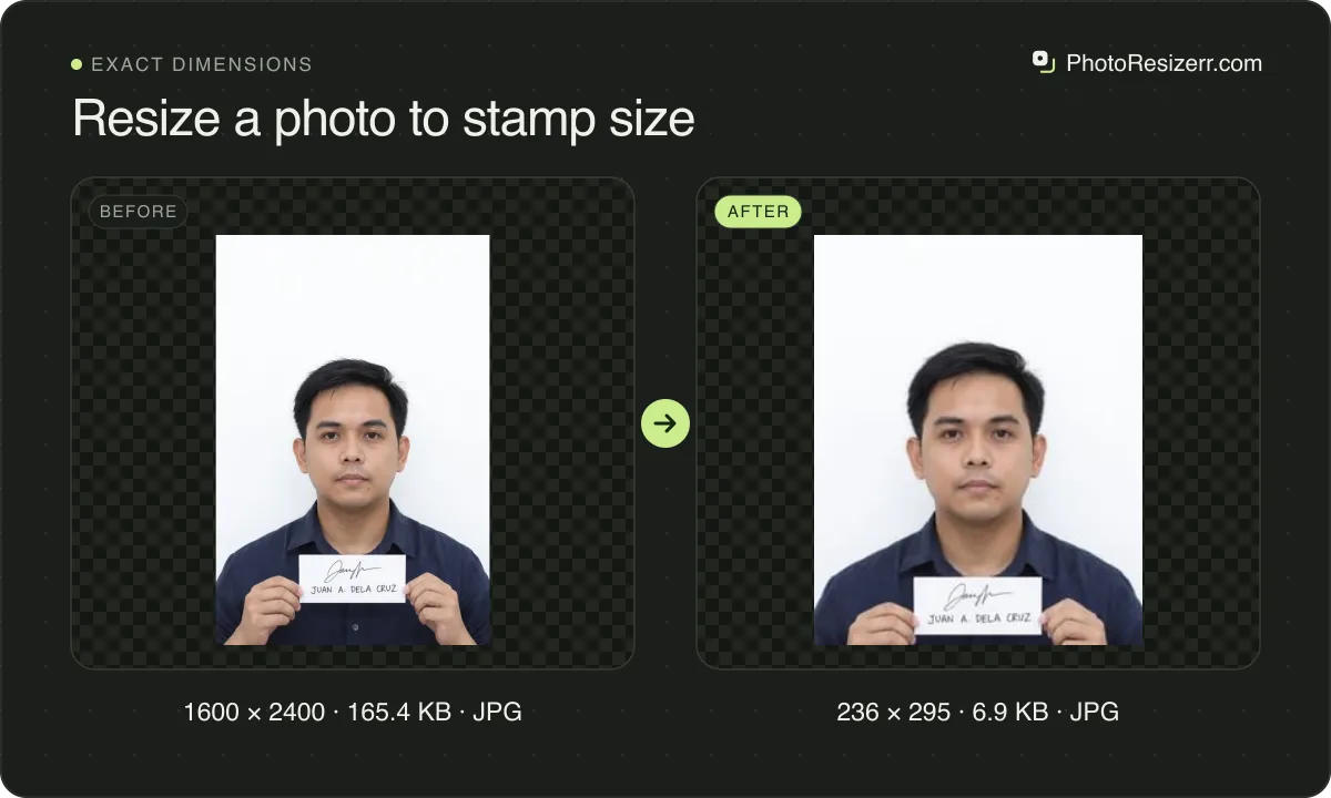 Resize a photo to stamp size, before and after: a portrait of a man with short black hair in a navy shirt, holding a handwritten name tag (1600 × 2400, 165.4 KB JPG), and the same photo resized to 236 × 295 pixels, now 236 × 295, 6.9 KB JPG.