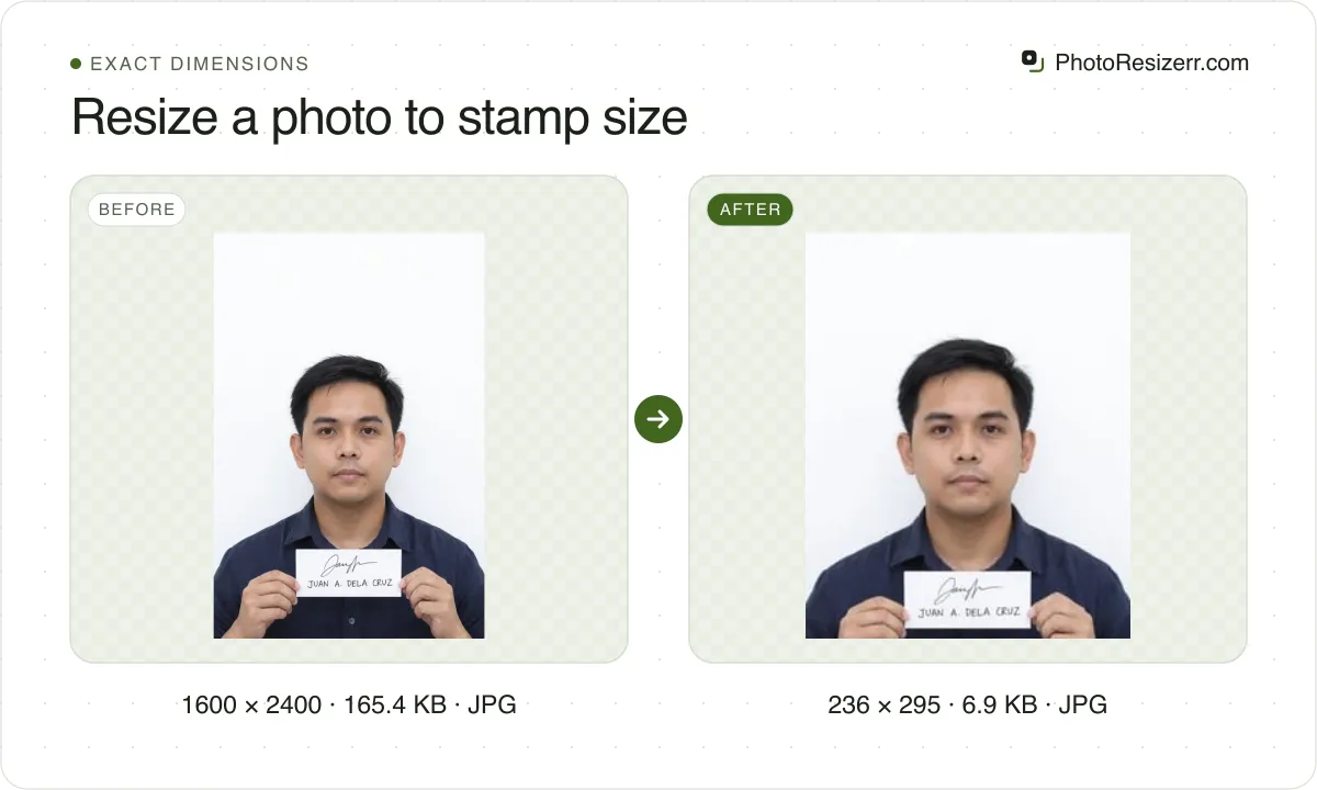 Resize a photo to stamp size, before and after: a portrait of a man with short black hair in a navy shirt, holding a handwritten name tag (1600 × 2400, 165.4 KB JPG), and the same photo resized to 236 × 295 pixels, now 236 × 295, 6.9 KB JPG.