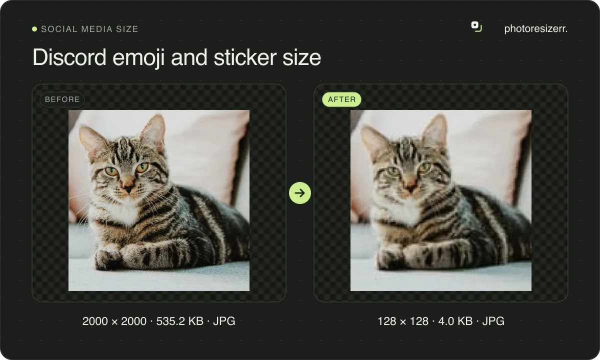 Discord emoji and sticker size, before and after: a photo of a tabby cat on a sofa (2000 × 2000, 535.2 KB JPG), and the same photo resized to 128 × 128 pixels, now 128 × 128, 4.0 KB JPG.
