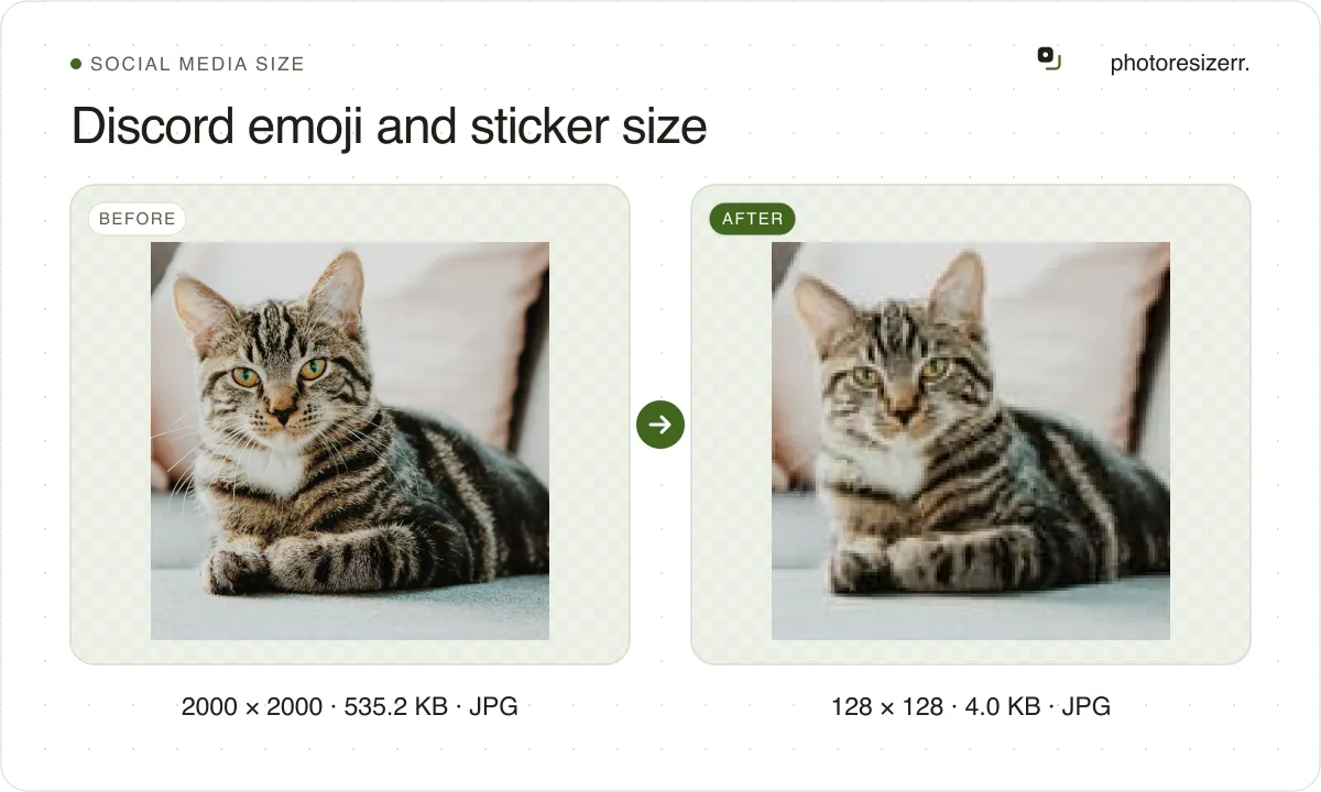 Discord emoji and sticker size, before and after: a photo of a tabby cat on a sofa (2000 × 2000, 535.2 KB JPG), and the same photo resized to 128 × 128 pixels, now 128 × 128, 4.0 KB JPG.