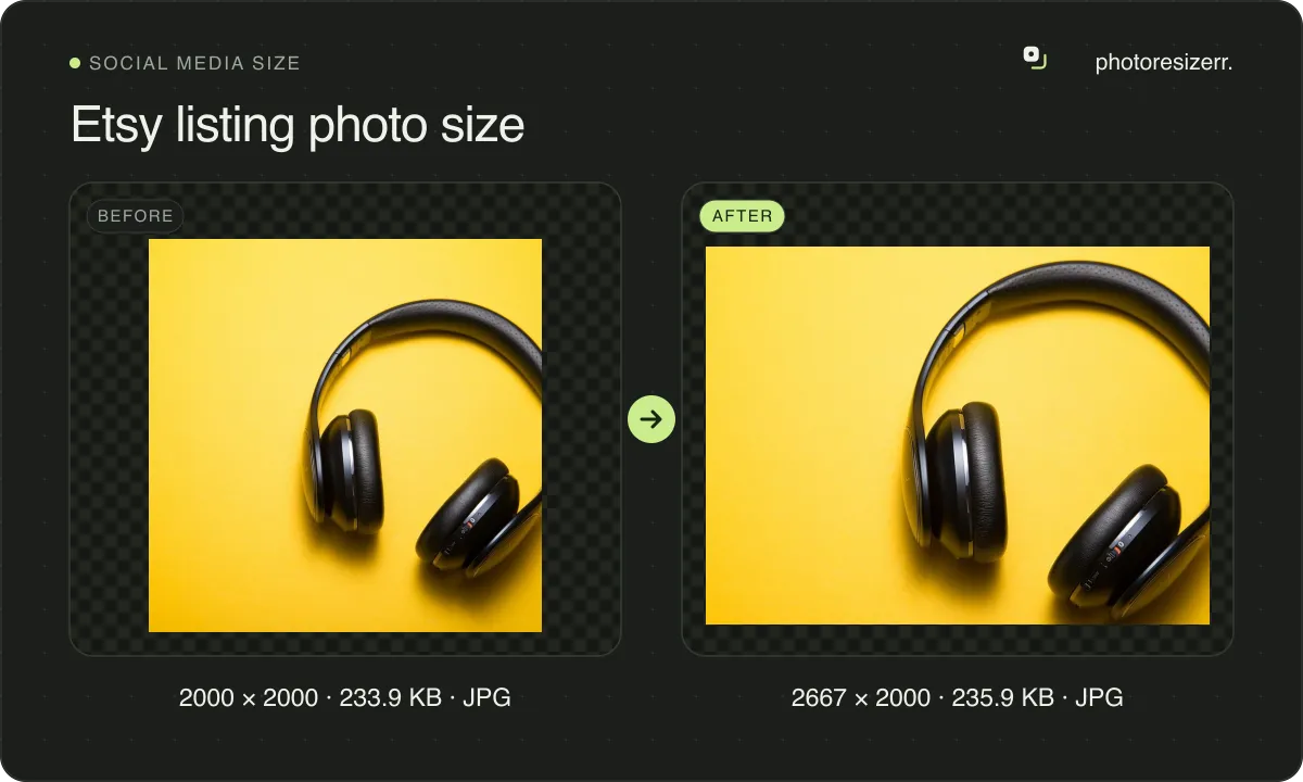 Etsy listing photo size, before and after: a photo of headphones on a yellow background (2000 × 2000, 233.9 KB JPG), and the same photo resized to 2667 × 2000 pixels, now 2667 × 2000, 235.9 KB JPG.