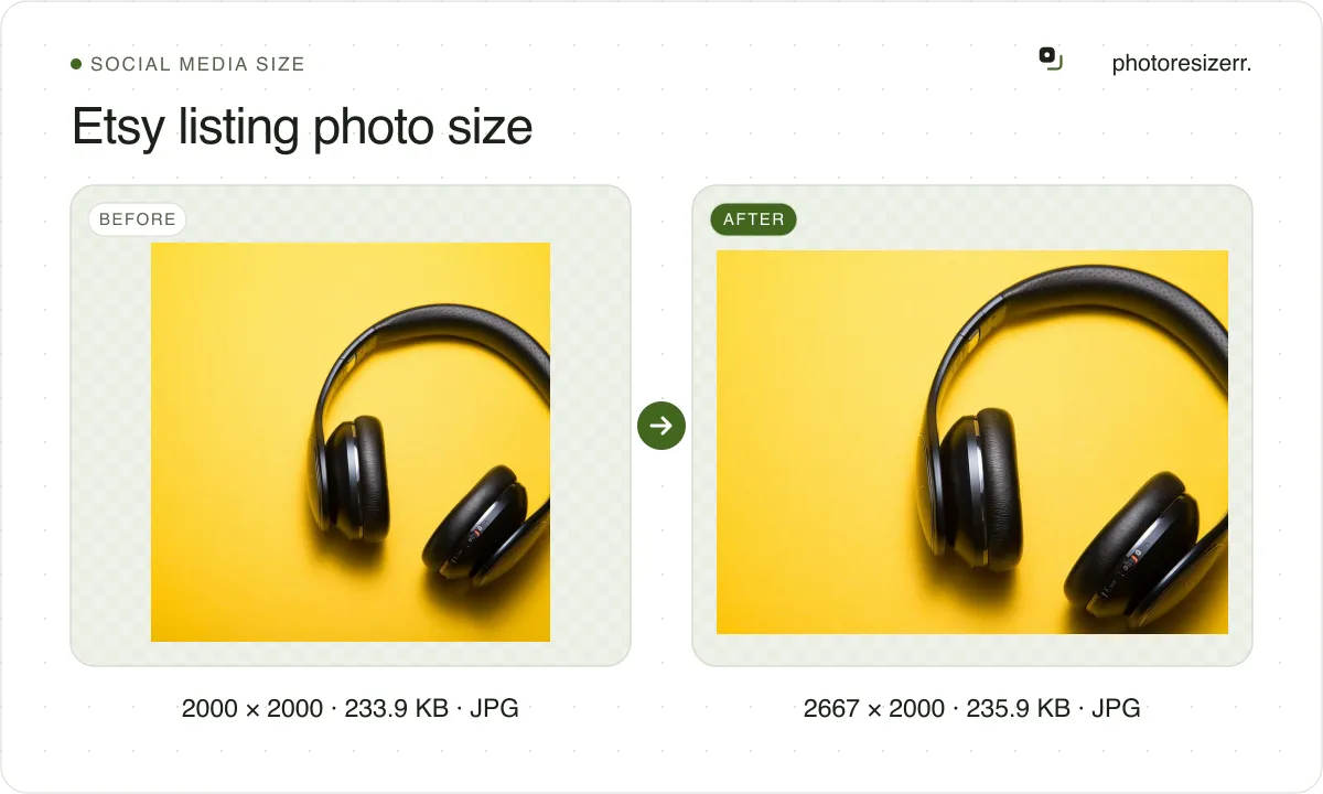 Etsy listing photo size, before and after: a photo of headphones on a yellow background (2000 × 2000, 233.9 KB JPG), and the same photo resized to 2667 × 2000 pixels, now 2667 × 2000, 235.9 KB JPG.