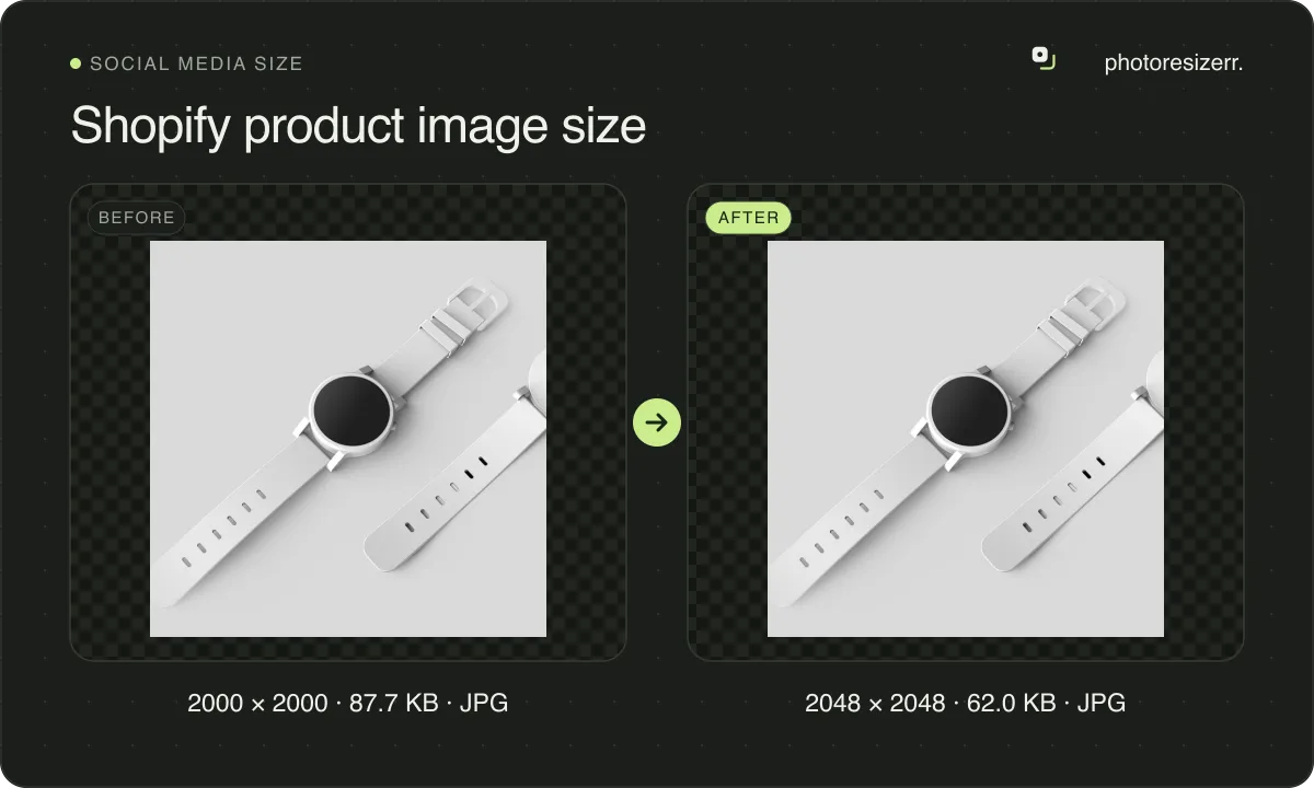 Shopify product image size, before and after: a photo of two white smartwatches (2000 × 2000, 87.7 KB JPG), and the same photo resized to 2048 × 2048 pixels, now 2048 × 2048, 62.0 KB JPG.