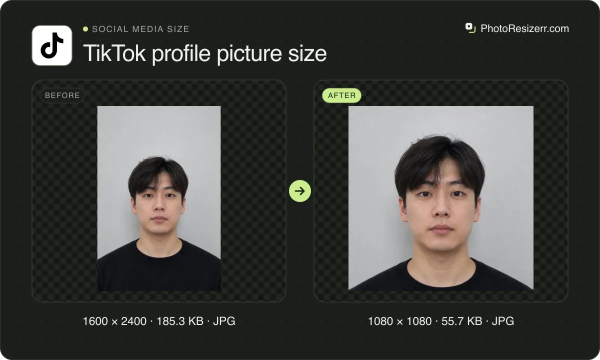 TikTok profile picture size, before and after: a portrait of a man with short dark hair in a black sweater (1600 × 2400, 185.3 KB JPG), and the same photo resized to 1080 × 1080 pixels, now 1080 × 1080, 55.7 KB JPG.