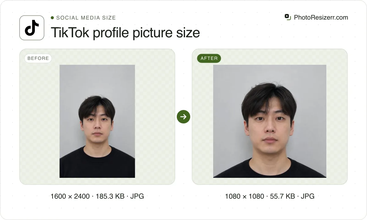 TikTok profile picture size, before and after: a portrait of a man with short dark hair in a black sweater (1600 × 2400, 185.3 KB JPG), and the same photo resized to 1080 × 1080 pixels, now 1080 × 1080, 55.7 KB JPG.