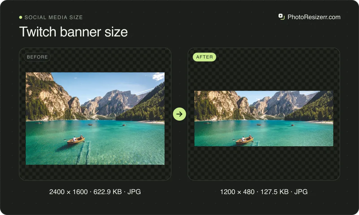 Twitch banner size, before and after: a photo of a mountain lake with a rowing boat (2400 × 1600, 622.9 KB JPG), and the same photo resized to 1200 × 480 pixels, now 1200 × 480, 127.5 KB JPG.