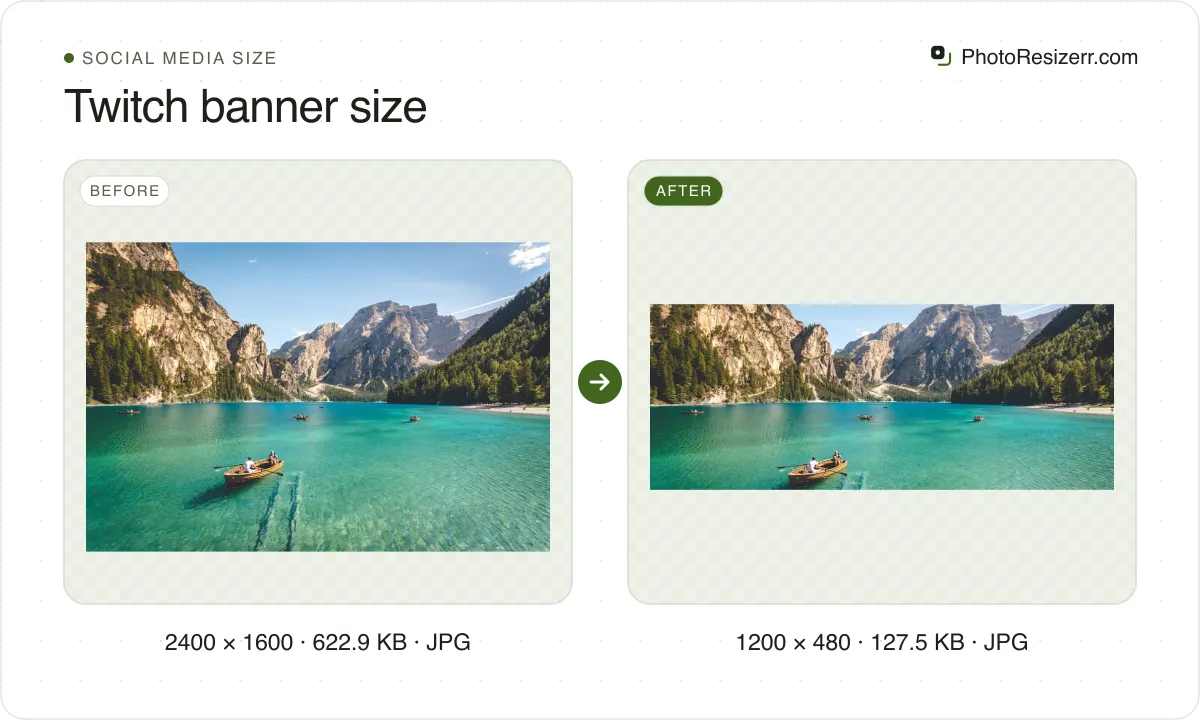 Twitch banner size, before and after: a photo of a mountain lake with a rowing boat (2400 × 1600, 622.9 KB JPG), and the same photo resized to 1200 × 480 pixels, now 1200 × 480, 127.5 KB JPG.