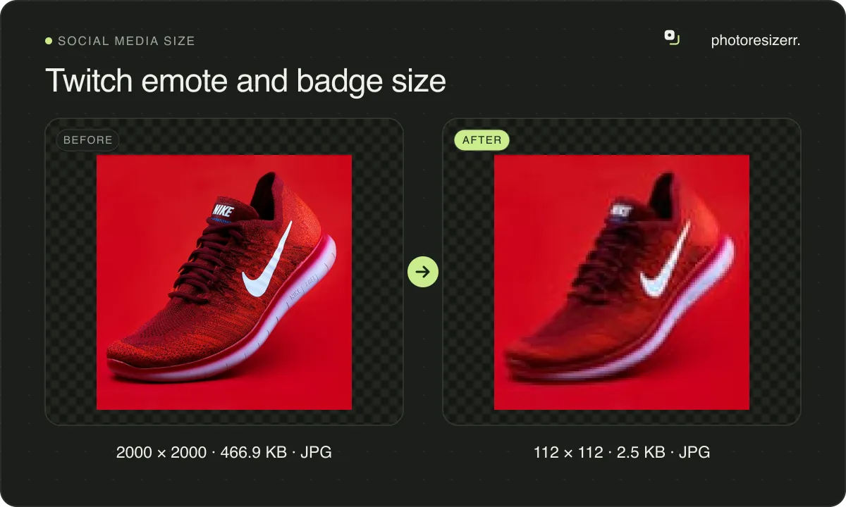 Twitch emote and badge size, before and after: a photo of a red running shoe (2000 × 2000, 466.9 KB JPG), and the same photo resized to 112 × 112 pixels, now 112 × 112, 2.5 KB JPG.