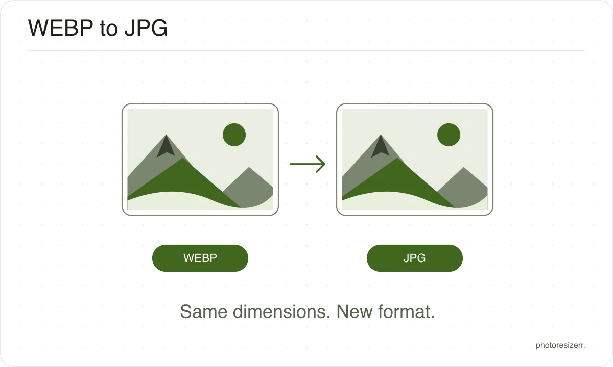 A WEBP image file becomes a JPG file while keeping its pixel dimensions.